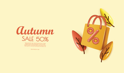 Autumn sale background with leaves, shopping bag, gift box, percent symbol. 3D illustration