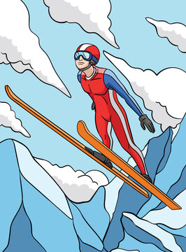 Ski Jumping Colored Cartoon Illustration