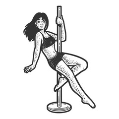 girl dancing on pole sketch engraving vector illustration. Scratch board imitation. Black and white hand drawn image.