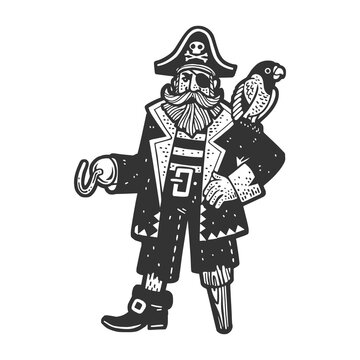 one legged one armed pirate with parrot bird sketch engraving vector illustration. Scratch board imitation. Black and white hand drawn image.