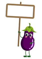 Funny eggplant holding a blank signboard