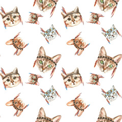 Watercolor cat pattern, cute fabric design for kids, native american costume, white background seanpless pattern, scrapbooking,wallpaper,wrapping, gift,paper, for clothes, children textile,digital 