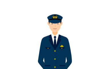 若い男性警官のポーズ、後ろ手を組んで立っている