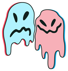 Two melting faces, blue and pink. Psychedelic concept. Halloween concept. Vector illustration isolated on white background.