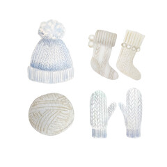 Watercolor set ow knitting white hat, socks and mittens. Winter or autumn warm clothes