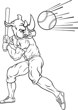 Rhino Baseball Player Mascot Swinging Bat at Ball