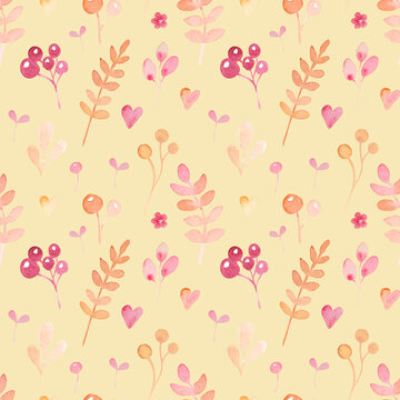 watercolor seamless pattern with simple peach floral elements on creamy yellow background