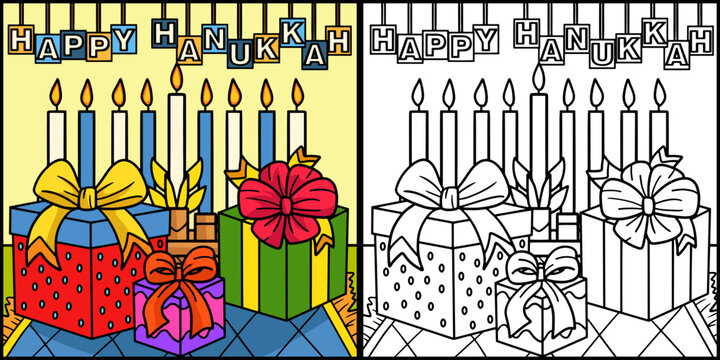 Happy Hanukkah Presents and Menorah Illustration