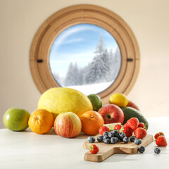 Winter window and table of free space for your decoration. 