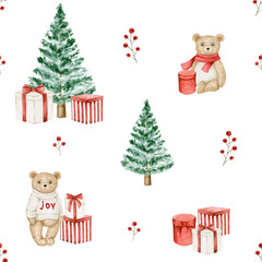 Watercolor seamless pattern with bears, christmas tree, gift boxes. Isolated on white background. Hand drawn clipart. Perfect for card, fabric, tags, invitation, printing, wrapping.