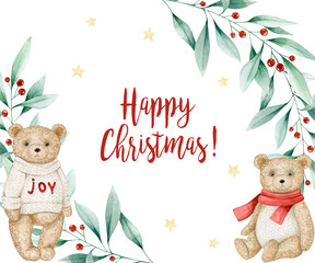 Watercolor illustration christmas card with cute bears, leaves frame, stars. Isolated on white background. Hand drawn clipart. Perfect for card, postcard, tags, invitation, printing, wrapping.
