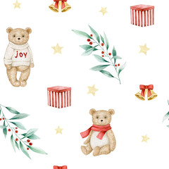 Watercolor seamless pattern with bears, gold bells, branches, stars, gift box. Isolated on white background. Hand drawn clipart. Perfect for card, fabric, tags, invitation, printing, wrapping.