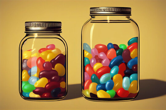 Assorted jelly beans in glass jar.