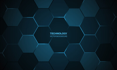 Fototapeta premium Dark blue hexagon abstract technology background with blue colored bright flashes under hexagon. Hexagonal gaming vector abstract tech background.
