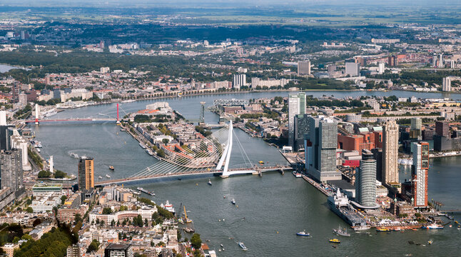 Aerial view of the Erasmus Bridge and highrise buildings in Kopvan Zuid. Rotterdam, The Netherlands