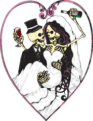 Art couple wedding skulls day of the dead. Hand drawing and make graphic vector.