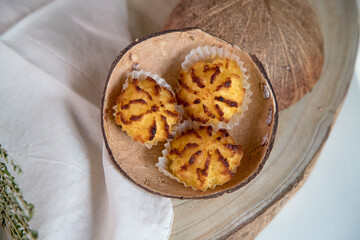 Coconut cookies, made from coconut flakes, copra, as a main ingredient.