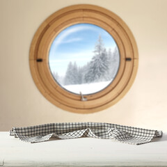 Fototapeta na wymiar Winter window and table of free space for your decoration. 