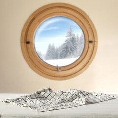 Winter window and table of free space for your decoration. 