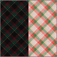 set of grungy ragged old fabric diagonal textures red green yellow stripes on black or white checkered gingham seamless pattern for plaid tablecloths shirts tartan clothes dresses bedding tweed wool