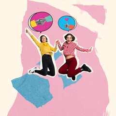 Contemporary art collage of couple thinking about love and heart symbols. Concept of like, social media, influence, popularity, modern lifestyle and ad. Emotions, art, love, care and support