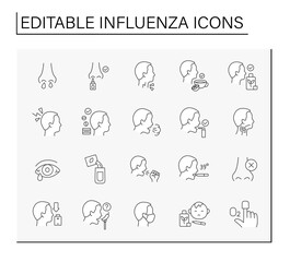 Influenza line icons set. Symptoms of diseases and treatment. Viral and bacterial infections. Disease prevention. Health care concept. Isolated vector illustrations. Editable stroke