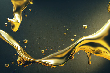 3D rendering, golden liquid, metallic moving liquid spray, heart shaped gel, golden splash clip...