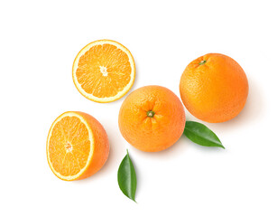 Flat lay of Orange with cut in half isolated on white background.