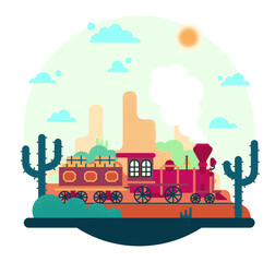 Wild west vector illustration, desert with cacti and old train - Red locomotive with freight wagon