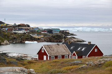 Rocky coast with icebergs, Ilulissat, Greenland, Denmark 