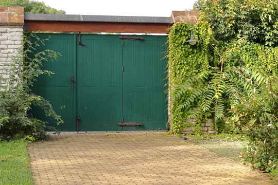 Closed green wooden gate in the garden. Walls overgrown with plants. Path to the gate.