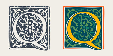 Q letter logo in medieval gothic style. Set of dim colored and monochrome grunge style emblems.