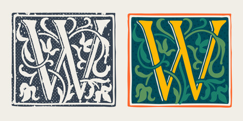 W letter logo in medieval gothic style. Set of dim colored and monochrome grunge style emblems.