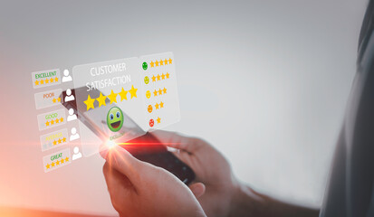 Customer review satisfaction feedback survey concept, User give rating to service experience on online application, Customer can evaluate quality of service leading to reputation ranking of business.