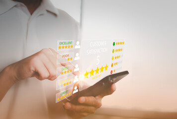 Customer review satisfaction feedback survey concept, User give rating to service experience on online application, Customer can evaluate quality of service leading to reputation ranking of business.