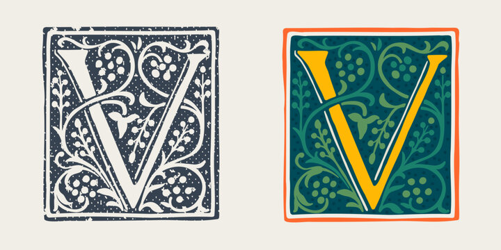 V letter logo in medieval gothic style. Set of dim colored and monochrome grunge style emblems.