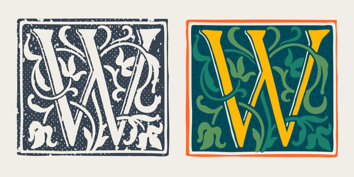 W letter logo in medieval gothic style. Set of dim colored and monochrome grunge style emblems.