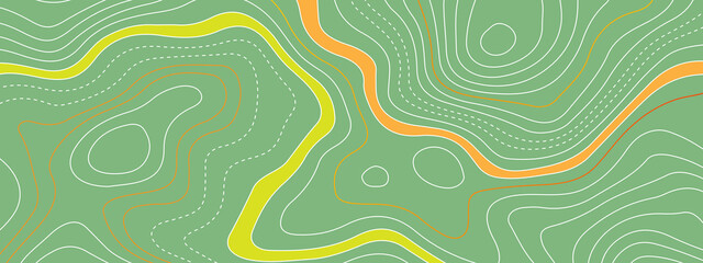 The stylized colorful wavy abstract topographic map contour, lines Pattern background. Topographic map and landscape terrain texture grid. Wavy banner and color geometric form. Vector illustration.