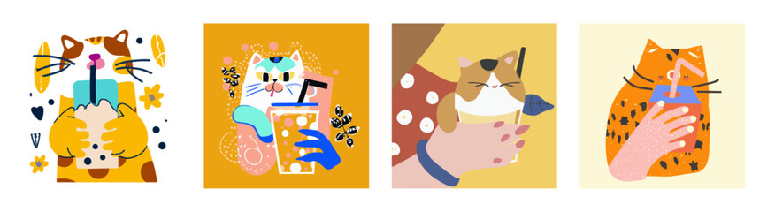 Bubble Tea Cat Set. Bubble tea, gourmet drinks, coffee and soft drinks. Vector illustration.