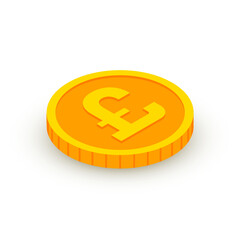 Isometric gold coin icon with pound sign. Vector 3d pound sterling cash, currency of United Kingdom, Game coin, English banking money symbol for web, apps. British pound currency icon.