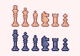 Chess figures pixel art set. Chessmen collection 8 bit sprite. Game development, mobile app.  Isolated vector illustration.