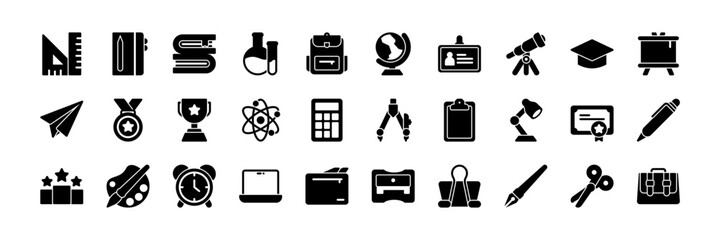 30 education icons with solid style. Editable in EPS 10. Vector Illustration