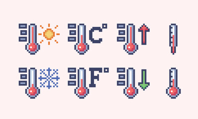 Weather temperature symbols pixel art set. Thermostat, cold and hot collection. Meteorology signs 8 bit sprite. Game development, mobile app.  Isolated vector illustration.