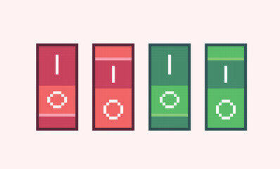 Switch on and off button pixel art set. Shutdown slider collection. Red and green interface switchers. 8 bit sprite. Game development, mobile app. Isolated vector illustration.