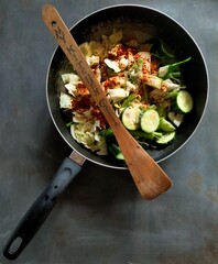 frying pan with meat and vegetables