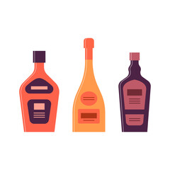 Set bottles of liquor, champagne, balsam. Great design for any purposes. Icon bottle with cap and label. Flat style. Color form. Party drink concept. Simple image shape