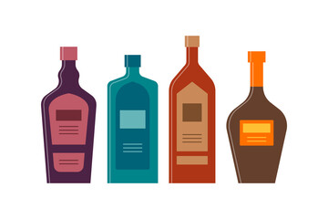 Set bottles of liquor, gin, whiskey, balsam great design for any purposes. Icon bottle with cap and label. Flat style. Color form. Party drink concept. Simple image shape