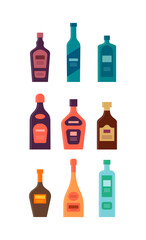 Set bottles of tequila vodka gin cream liquor rum brandy wine schnapps. Icon bottle with cap and label. Graphic design for any purposes. Flat style. Color form. Party drink concept. Simple image shape