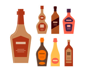 Set bottles of whiskey cognac brandy cream liquor champagne rum. Icon bottle with cap and label. Graphic design for any purposes. Flat style. Color form. Party drink concept. Simple image shape