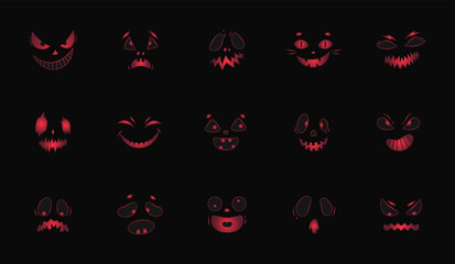 Halloween scary pumpkins faces cut set. Spooky mouths and eyes of evil jack lanterns pumpkins. 